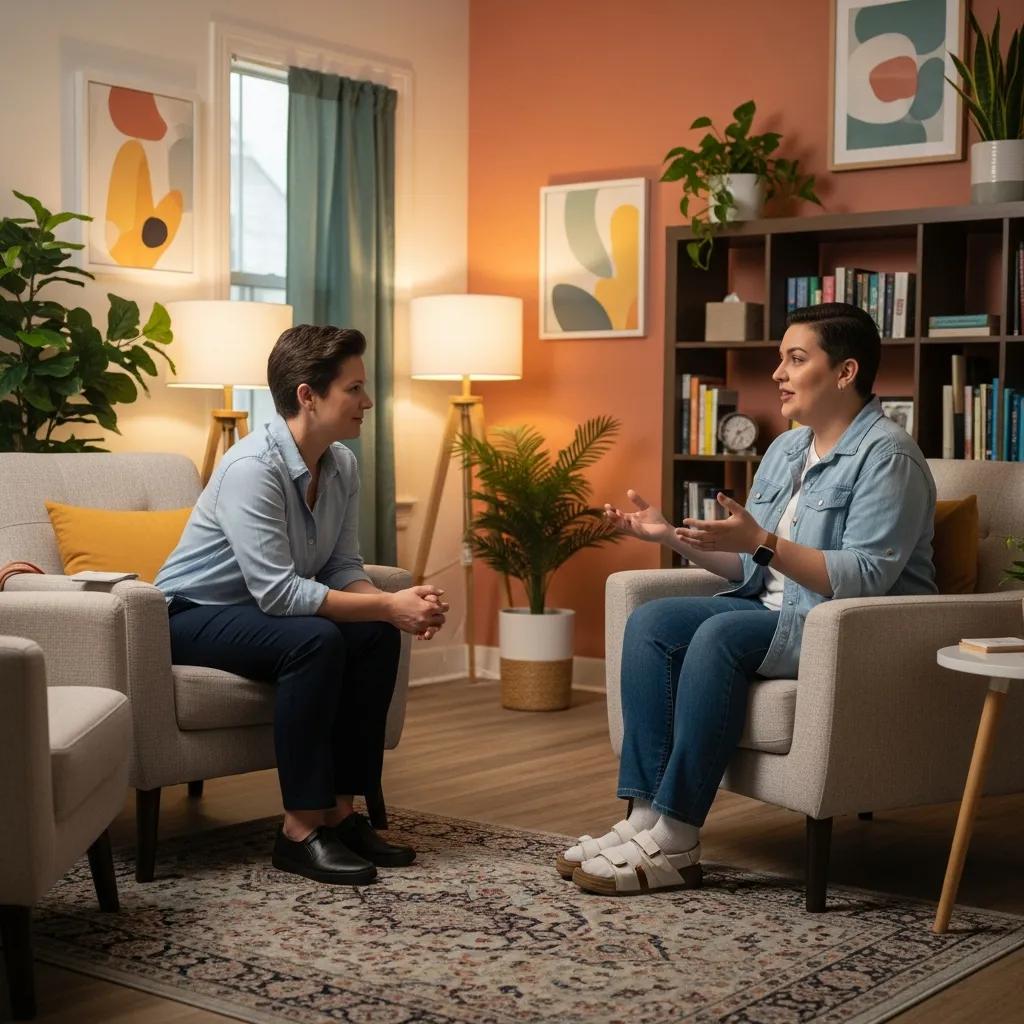 Mental health professional counseling a transgender individual in a cozy and supportive environment, highlighting the importance of mental health support