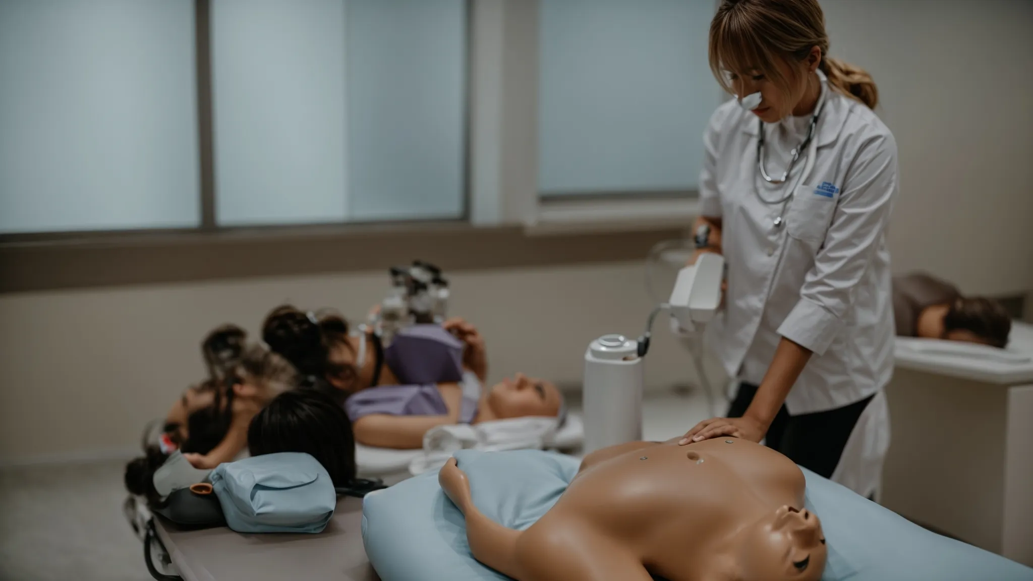 a healthcare professional is performing cpr on a training mannequin during a basic life support certification class.