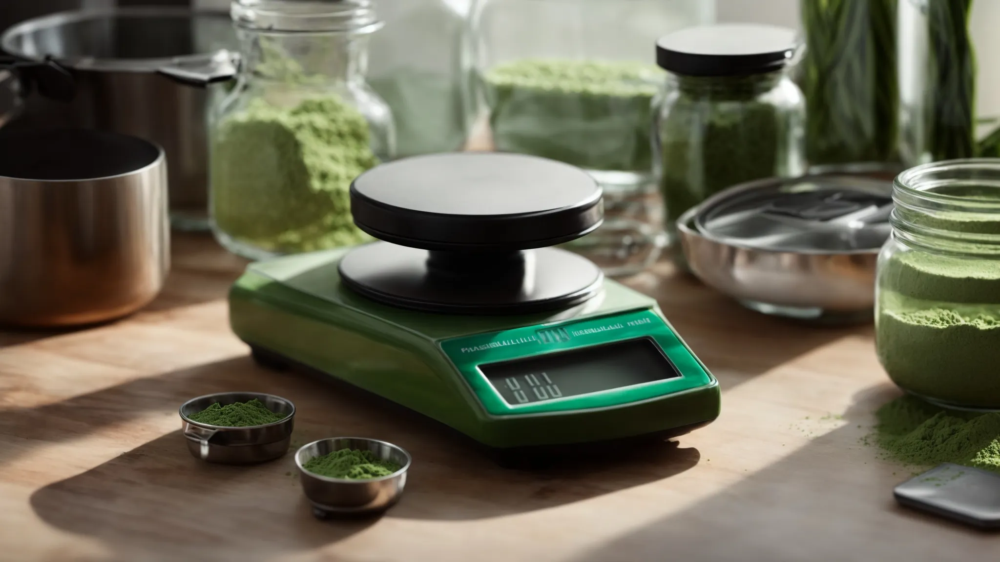 a neatly organized table with a jar of green powder and a digital scale.