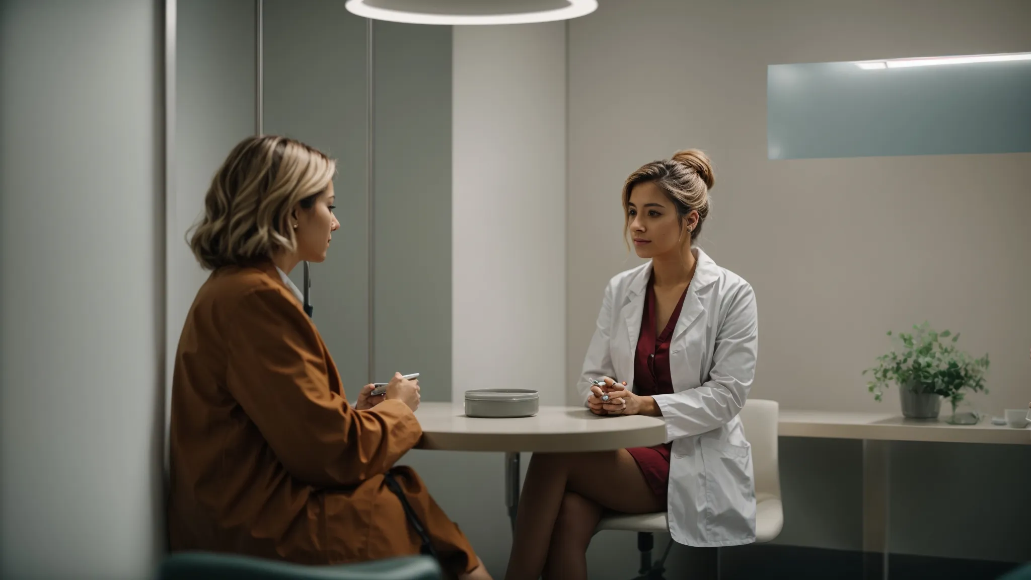 a female doctor and her patient sit across from each other in a consultation room, discussing health concerns.