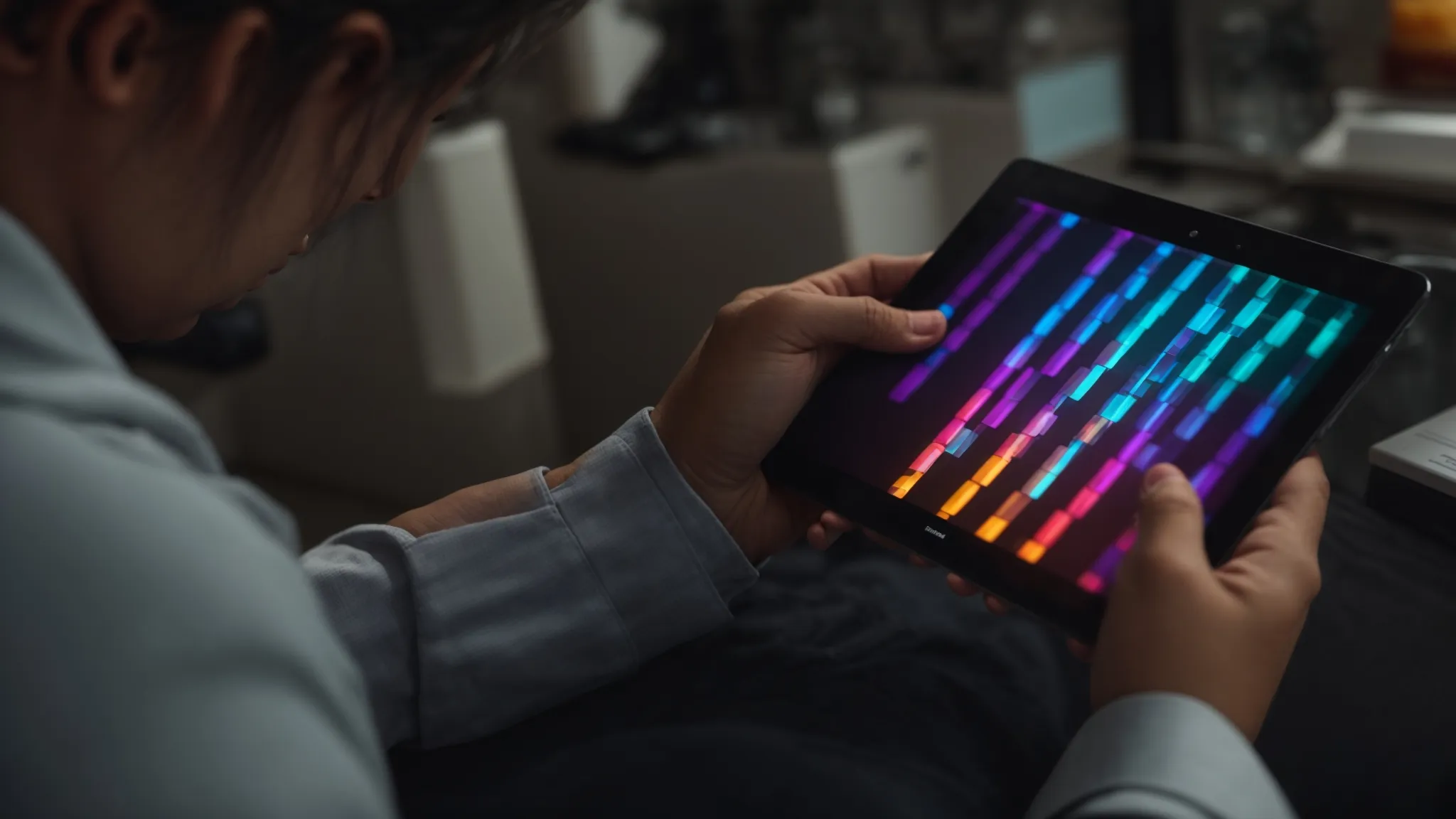 a person looking at a digital tablet displaying a colorful dna helix.
