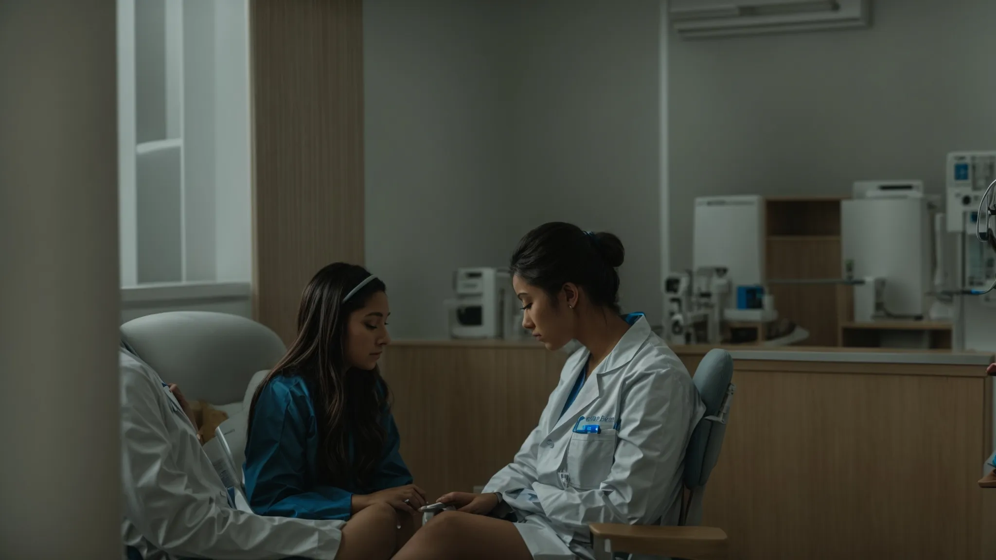 a healthcare professional comforts a patient seated in a calming room with medical equipment nearby.