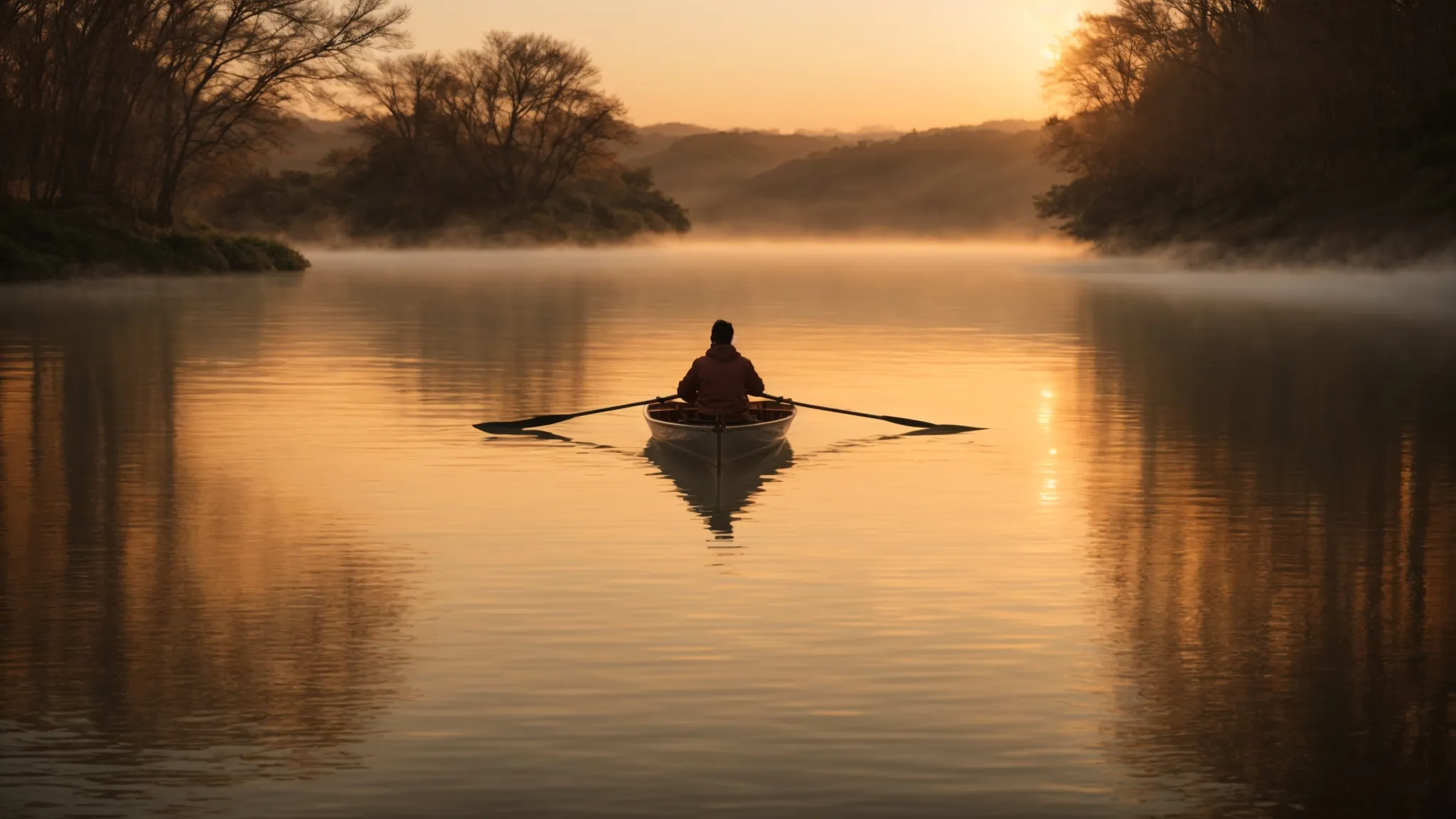 a serene lake with a single person in a boat, rowing towards the rising sun.