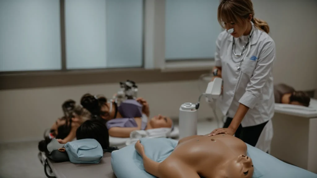 a healthcare professional is performing cpr on a training mannequin during a basic life support certification class.