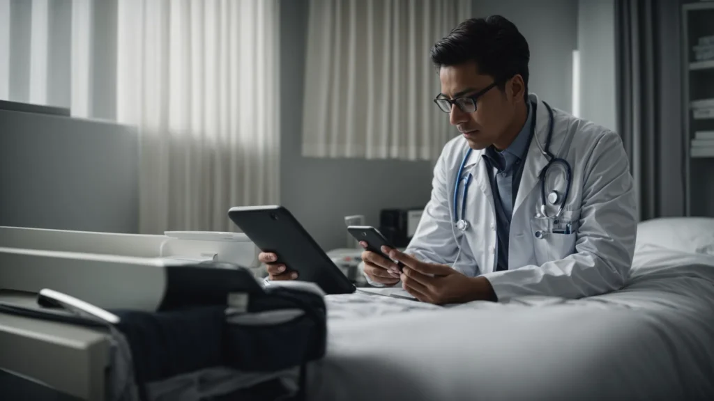 a doctor speaks into a smartphone, displaying a medical dictation app, while examining a patient in a modern hospital room.