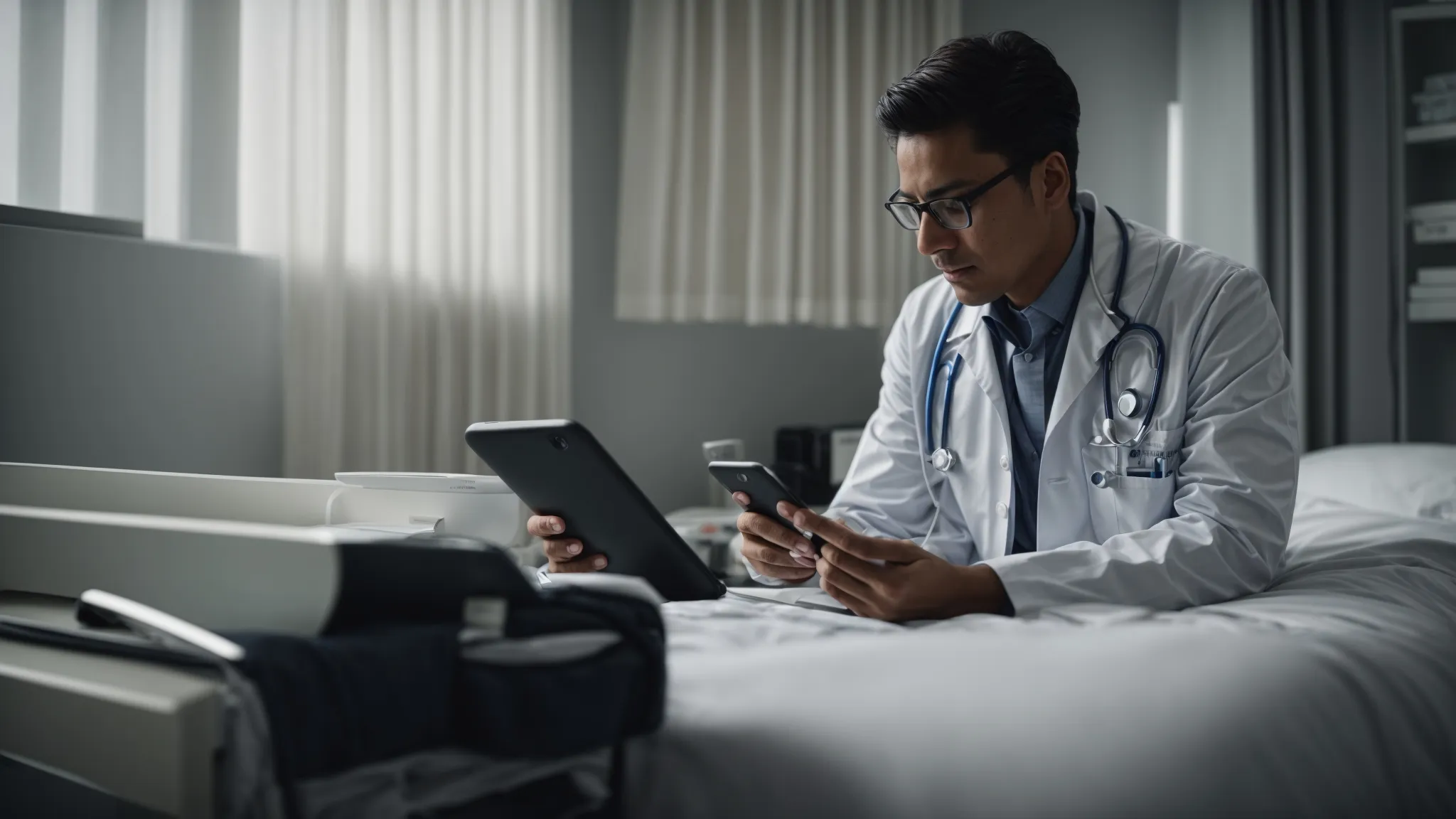 a doctor speaks into a smartphone, displaying a medical dictation app, while examining a patient in a modern hospital room.