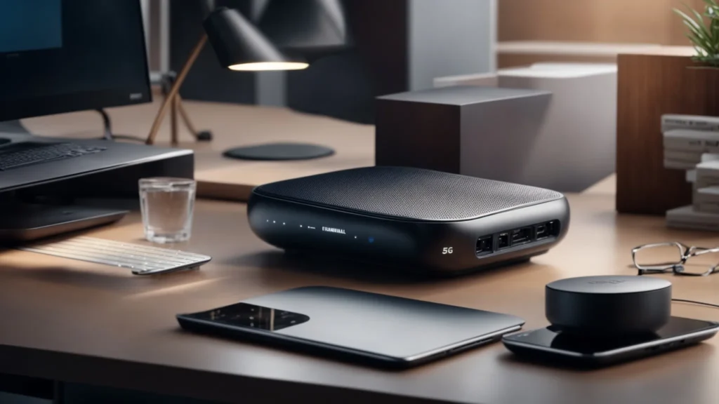 a sleek 5g router sits prominently on a modern office desk, surrounded by various high-tech devices, symbolizing a leap in connectivity for both home and business environments.