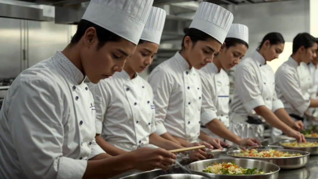 a group of students in chef uniforms watch intently as an instructor demonstrates a cooking technique in a professional kitchen.