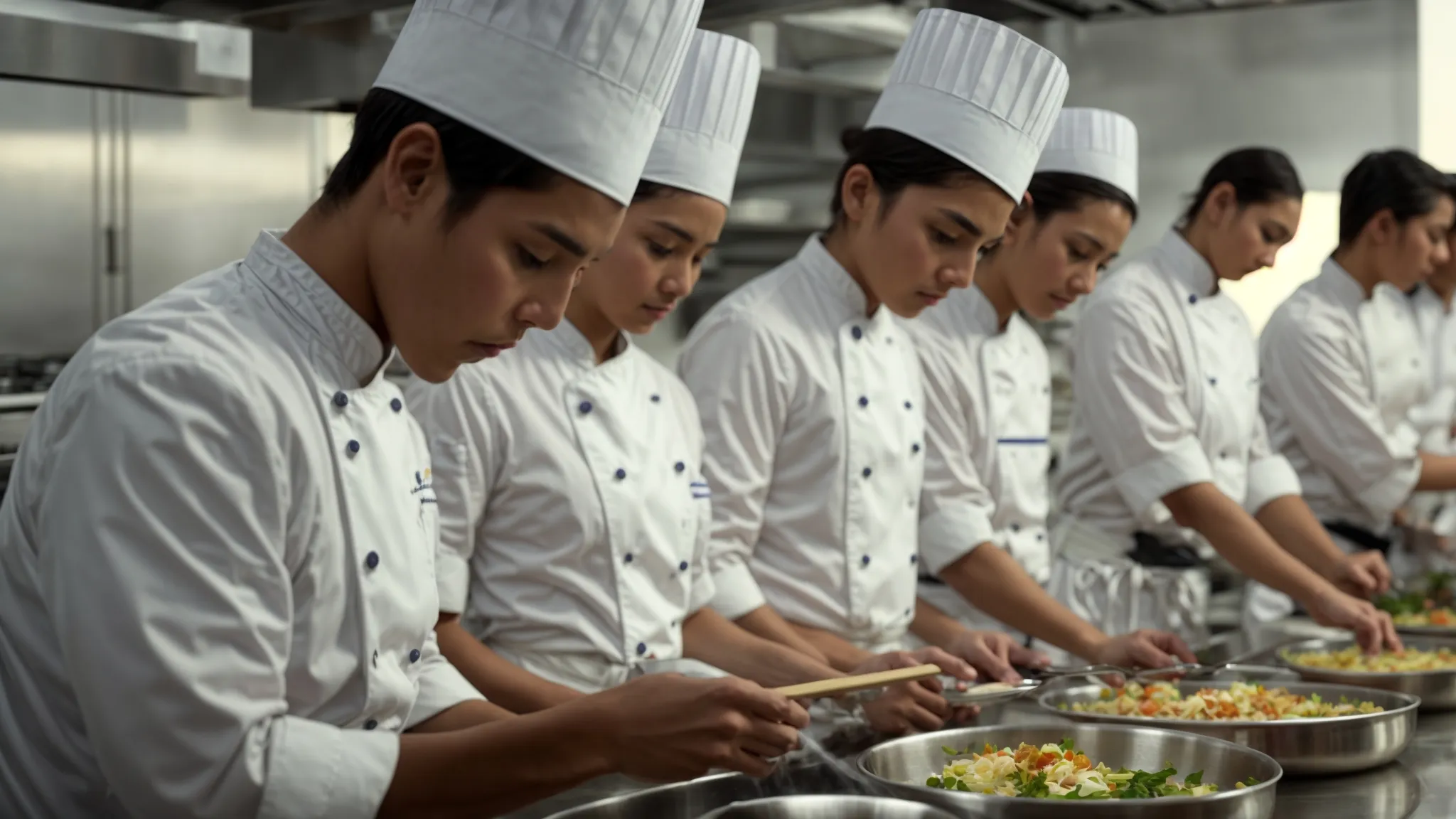 a group of students in chef uniforms watch intently as an instructor demonstrates a cooking technique in a professional kitchen.