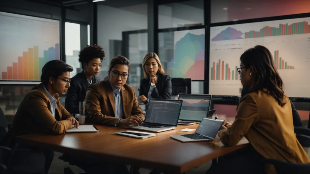 a group of professionals gathered around a conference table, focusing intently on a laptop displaying colorful graphs and charts.