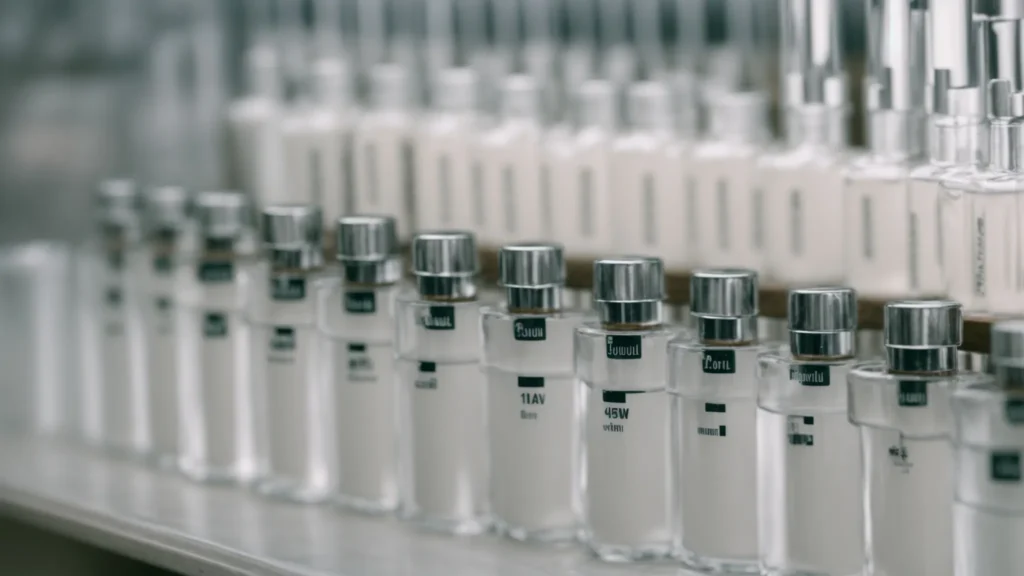 a row of identical vials containing a clear solution sits neatly on a laboratory bench.