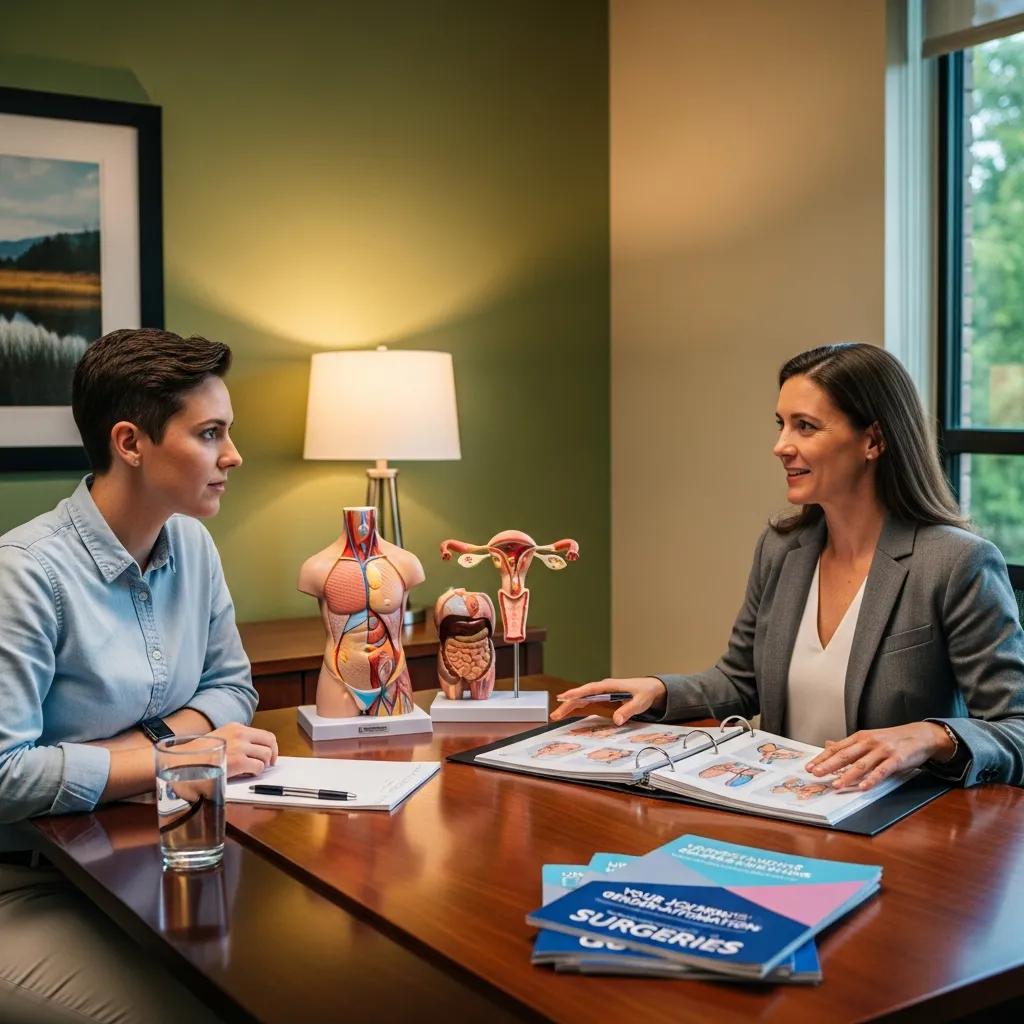 Transgender individual consulting with a surgeon about gender-affirming surgery options