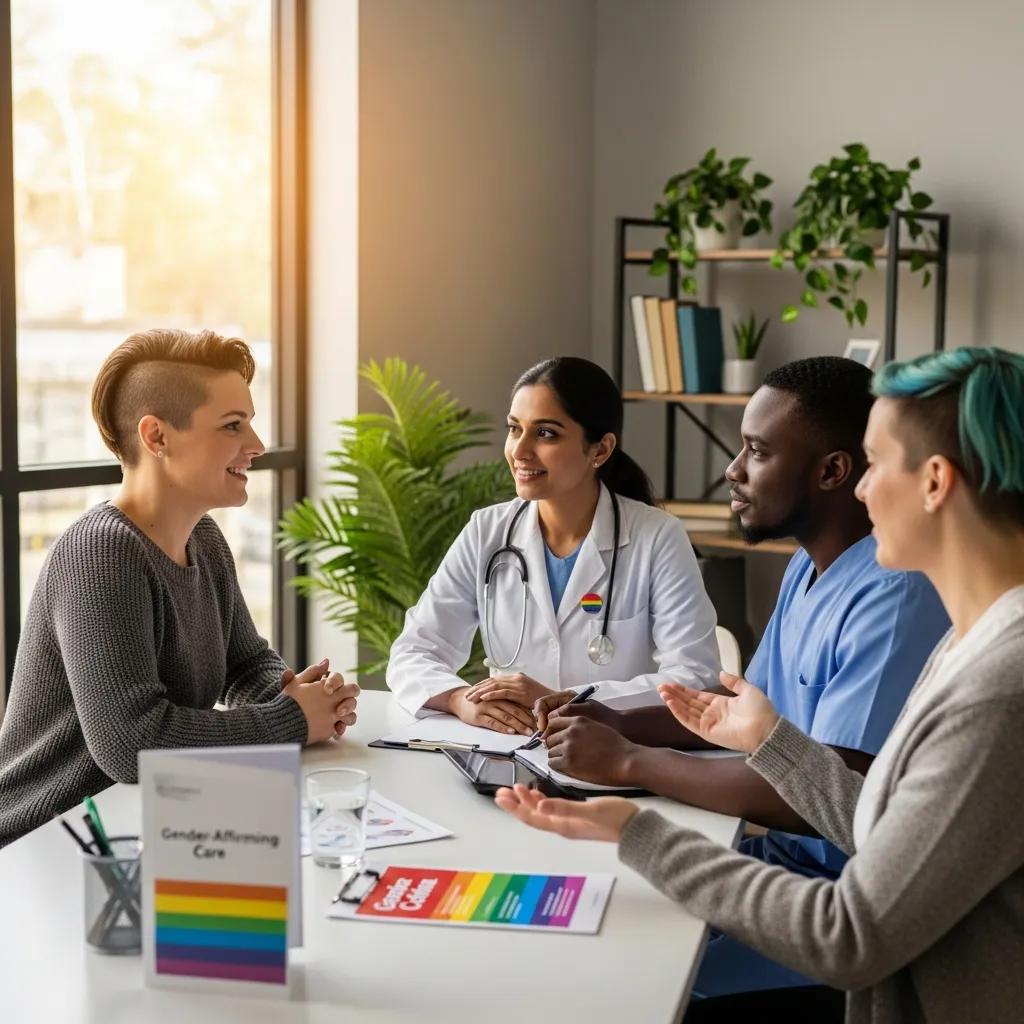 Diverse healthcare professionals discussing gender-affirming care with a transgender individual in a supportive clinical environment