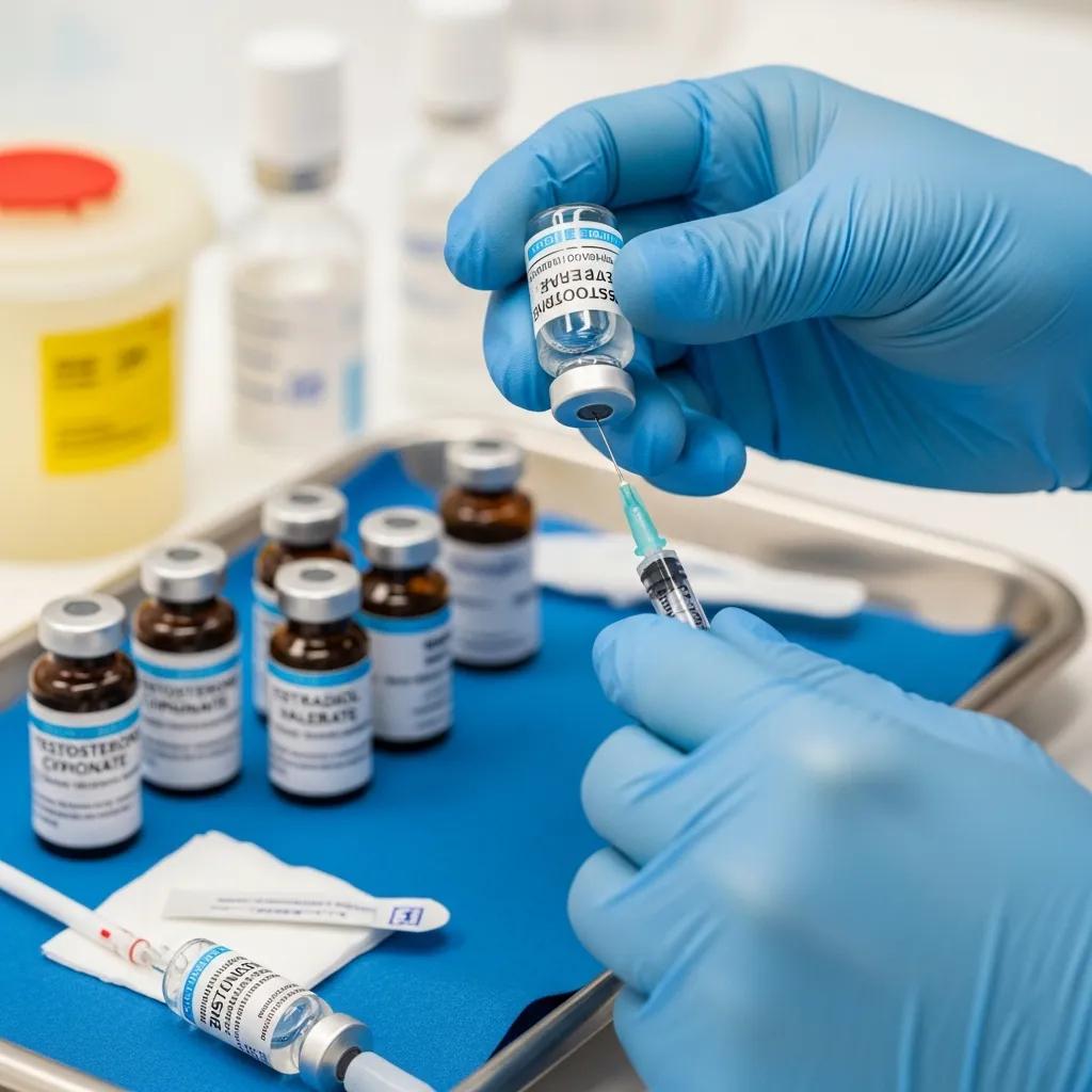 Healthcare provider preparing hormone therapy medications in a clinical setting, emphasizing safety and professionalism